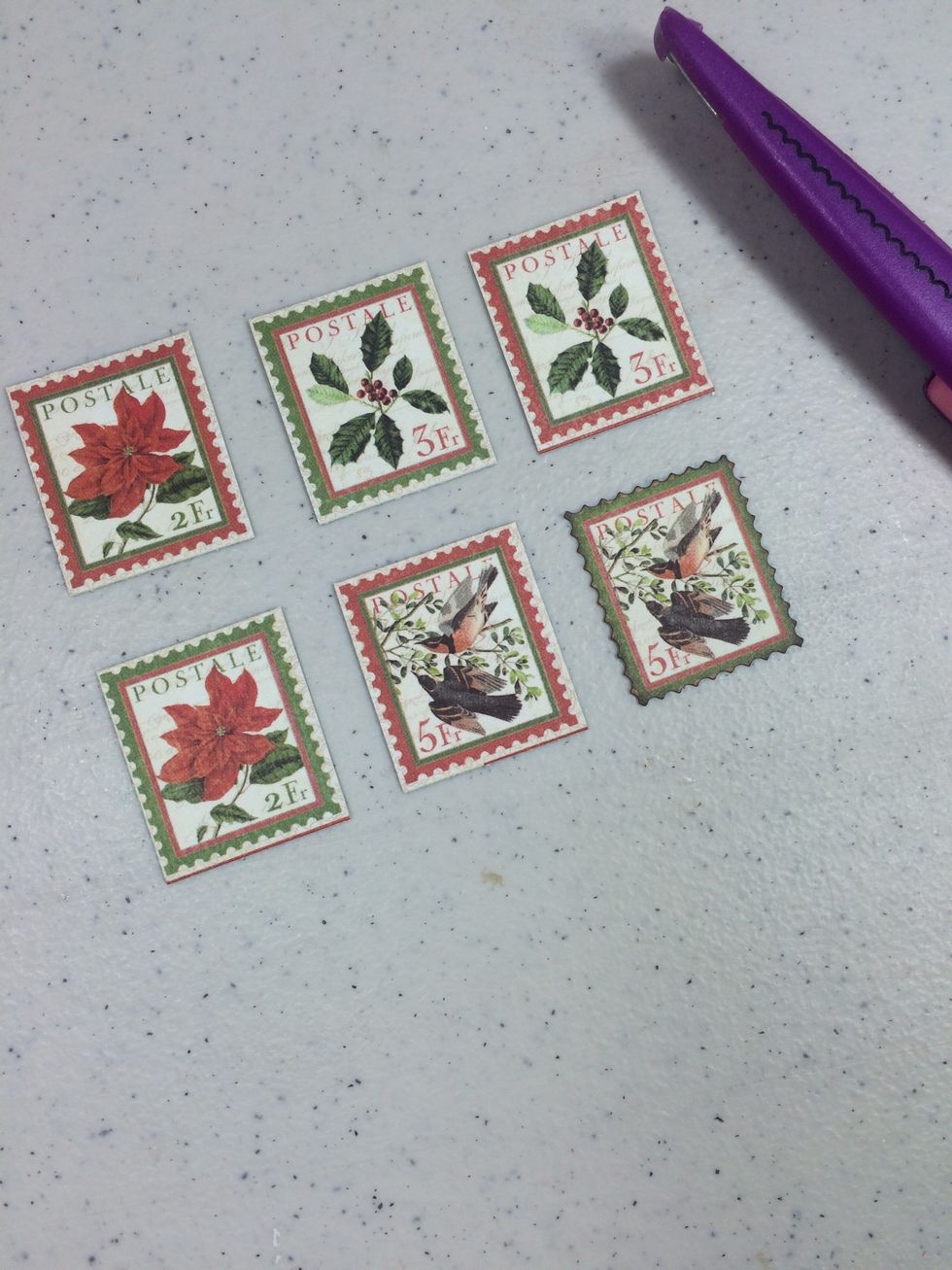 Cut apart six postage stamp images. I used a tiny scallop edge scissor. Ink edges.