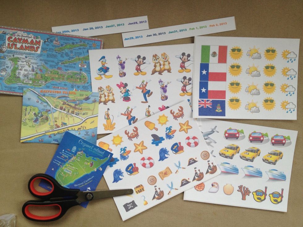 Cut apart the sticker sheets. I also made stickers with the dates of our trip so the boys could label each page or section.