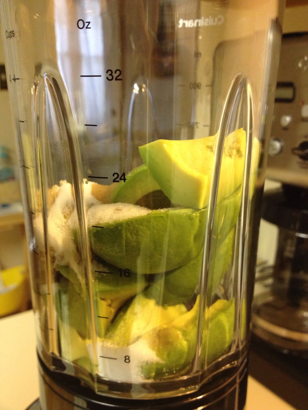 Cut avocados into 4 pieces each and chuck them into the blender. Throw in all the other ingredients and blend.