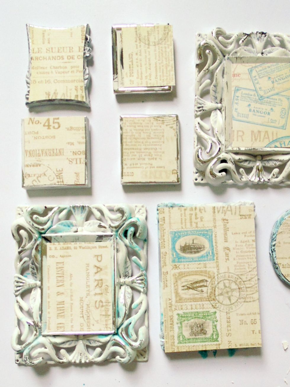 Cut background paper to build your tiny collages on. Here I've used Graphic 45's "Travel Odyssey" and "Globetrotter" from their Come Away with Me collection.