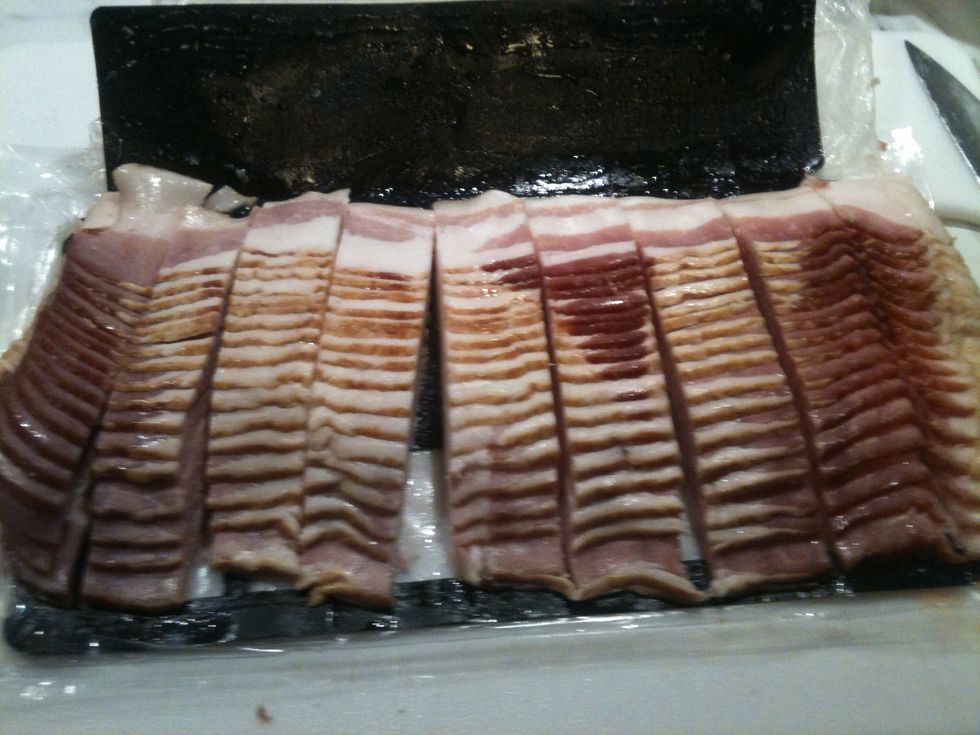 Cut bacon into 1 inch pieces. Cook bacon. Put on paper towel to drain fat and cool.