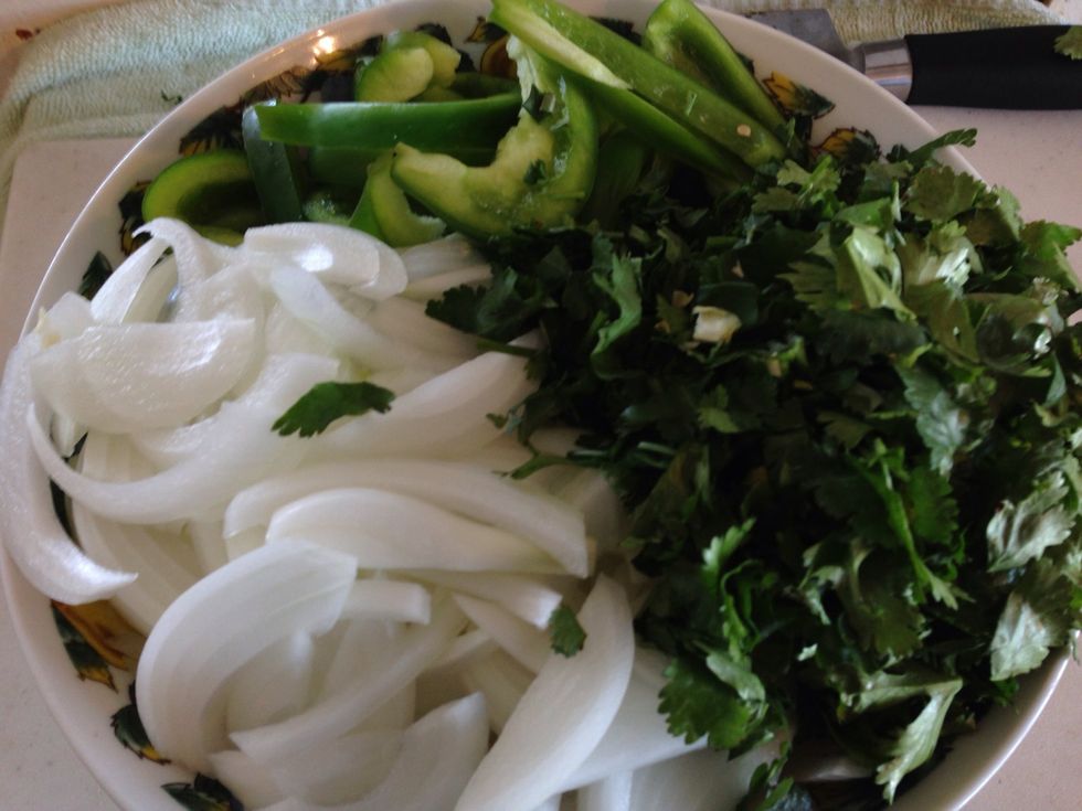 Cut bell-pepper, onion and cilantro Julienne medium-size