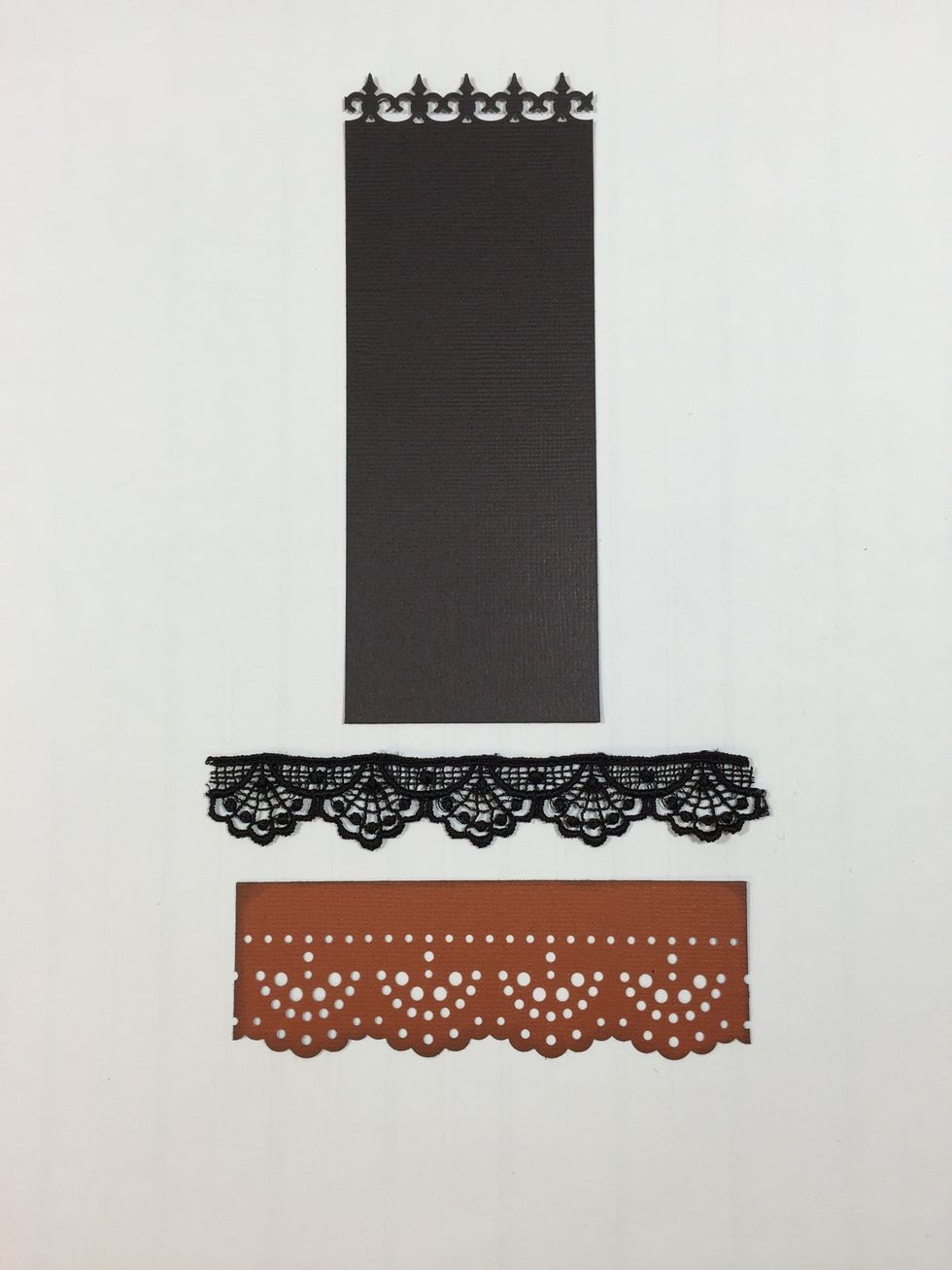 Cut black cardstock 2 1/4" x 6 1/8". Border punch across the top. (Martha Stewart Crafts) Cut deep orange cardstock 4 1/2" x 2 1/4" then border punch bottom. (Little B Designs). Cut wide black lace.