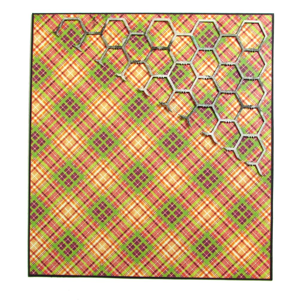 Cut black cardstock to 5 1/2" x 12" and score at 6" on the long side, fold. Cut G45 Rare Oddities paper to 5 3/8" x 5 7/8" and attach to the card. Cut apart chicken wire and attach to the corner.