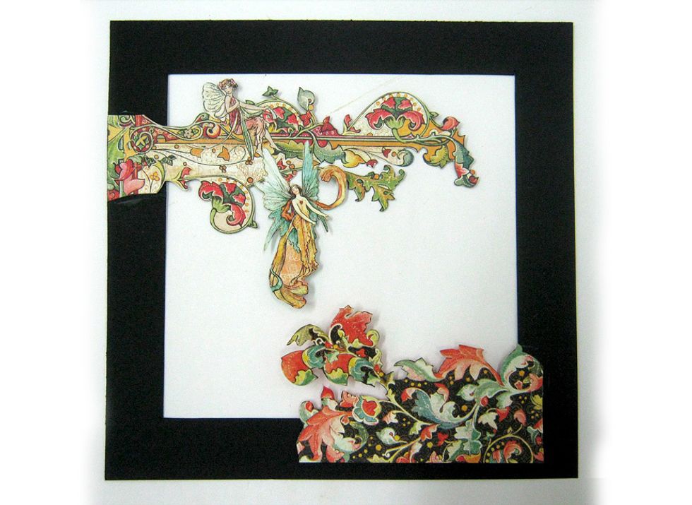 Cut blue wings fairy from Dazzling Damsel paper and attach to upper floral image. Cut floral image from Sumptuous Floral paper and attach to right bottom corner.
