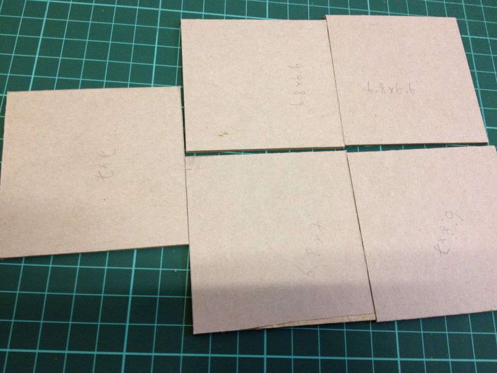 Cut board with size 6.8cmx6.6cm 2 pieces,7cmx6.8cm 2 pieces, 7cmx7cm. This is the body of the box