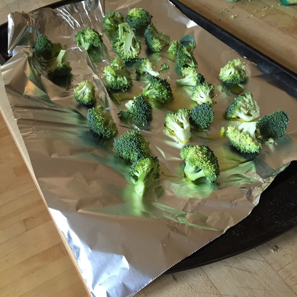 Cut broccoli into small-medium sized pieces (the smaller they are the faster they "brown and get crispy")