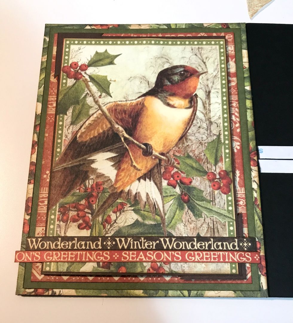 Cut brown winter border to 4" & season's greetings border to 4 1/4". Adhere Winter border 3/8" from bottom of image. Adhere season's greetings border slightly underneath other border.