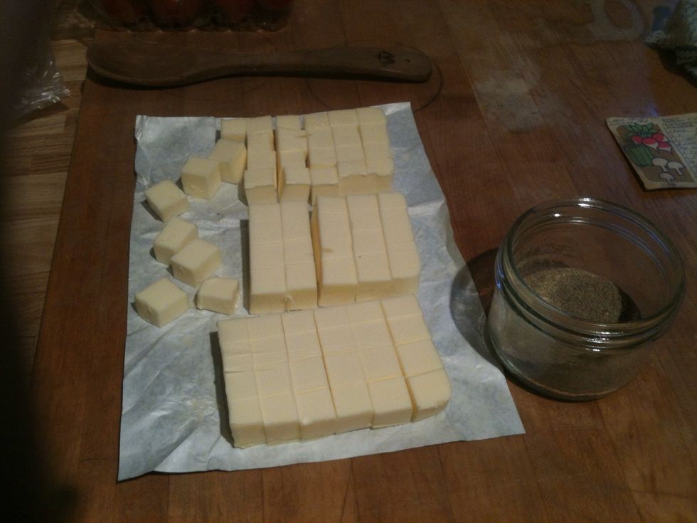 Cut butter into small cubes. Mix all spices together.