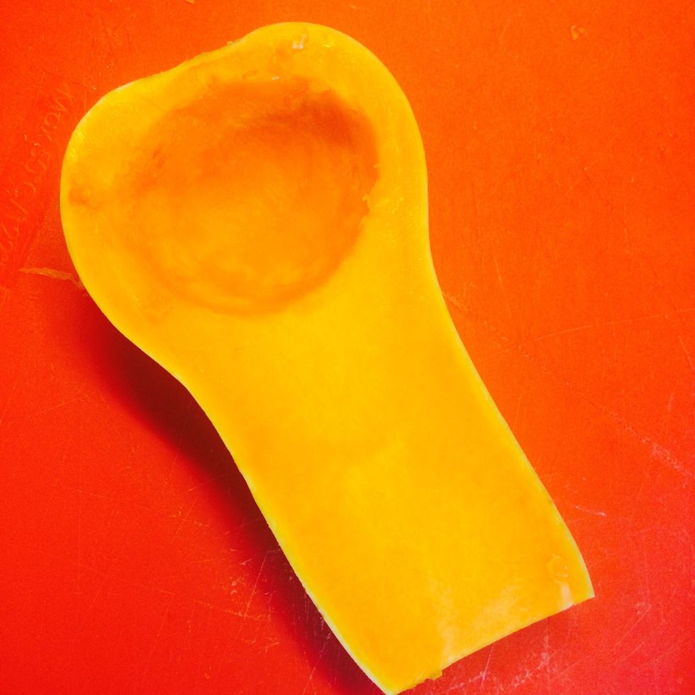 Cut butternut squash in half, take out the seeds