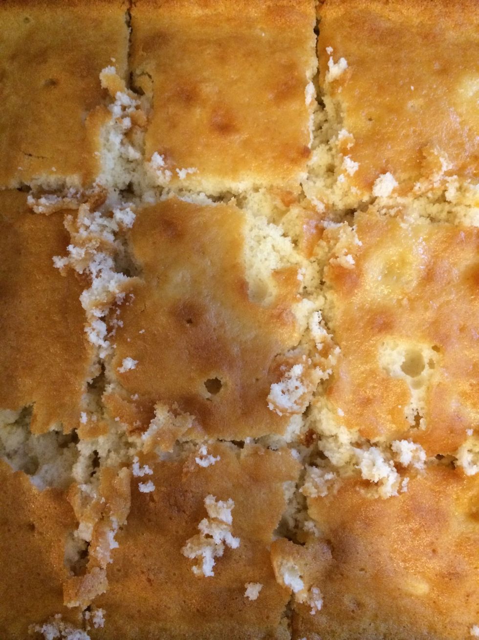 Cut cake into Squares to make food processing easier