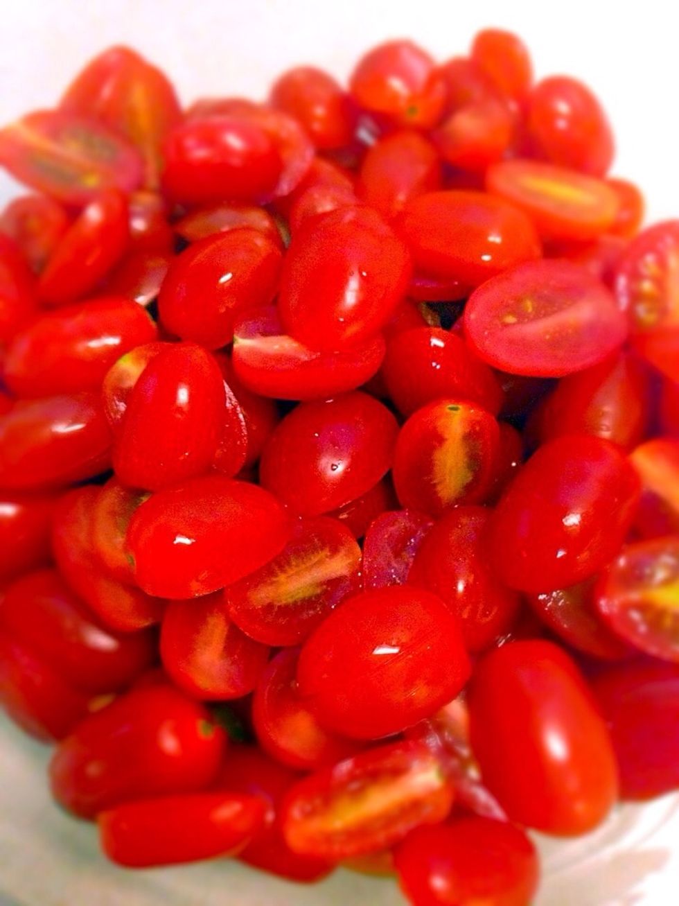 Cut cherry tomatoes diagonally