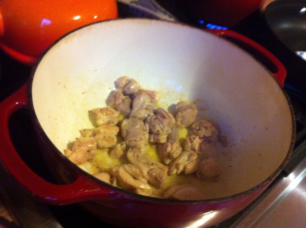 Cut chicken and kielbasa into 1 inch pieces. In large oven-safe Dutch oven, heat 1 Tbsp oil. Add chicken and cook until brown on all sides, about 7 minutes. Remove to a serving bowl.