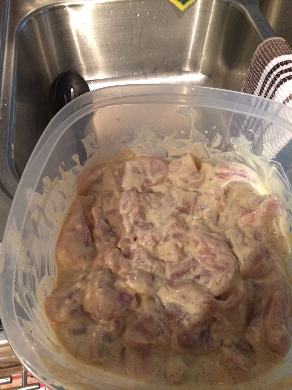 Cut chicken breast in strip and combine yogurt and 1 tbs masala spice and one garlic clove minced