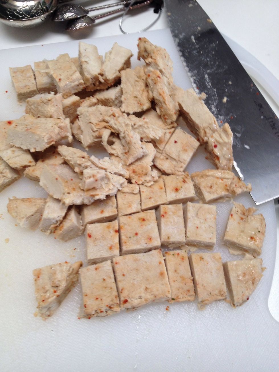 Cut chicken into 1inch pieces and season to your liking. I didn't season the meatless chicken with anything other than salt and pepper because it pre-seasoned.