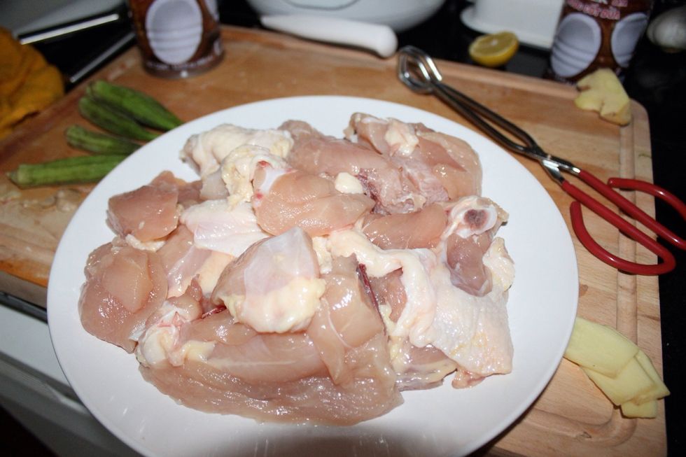 Cut chicken to pieces, boil for 5 minutes and set aside. Use some of left over water as broth.