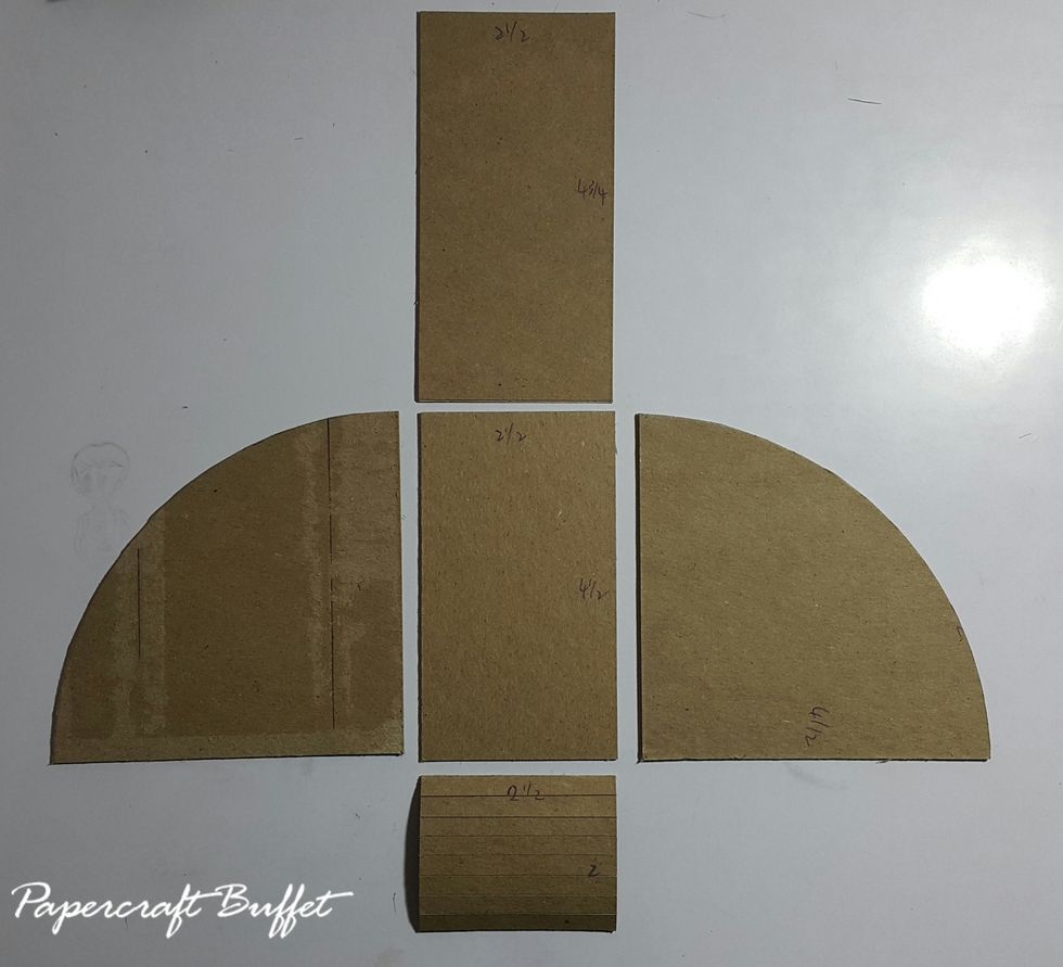 Cut chipboard 1pcs 2-1/2"x4-3/4"(door), 1pc 2"x2-1/2"(back), 1pc 2-1/2"x4-1/2"(base) and 2pcs 4-1/2"x4-1/2"(sides), draw quarter circle on the side boards as shown, cut out.