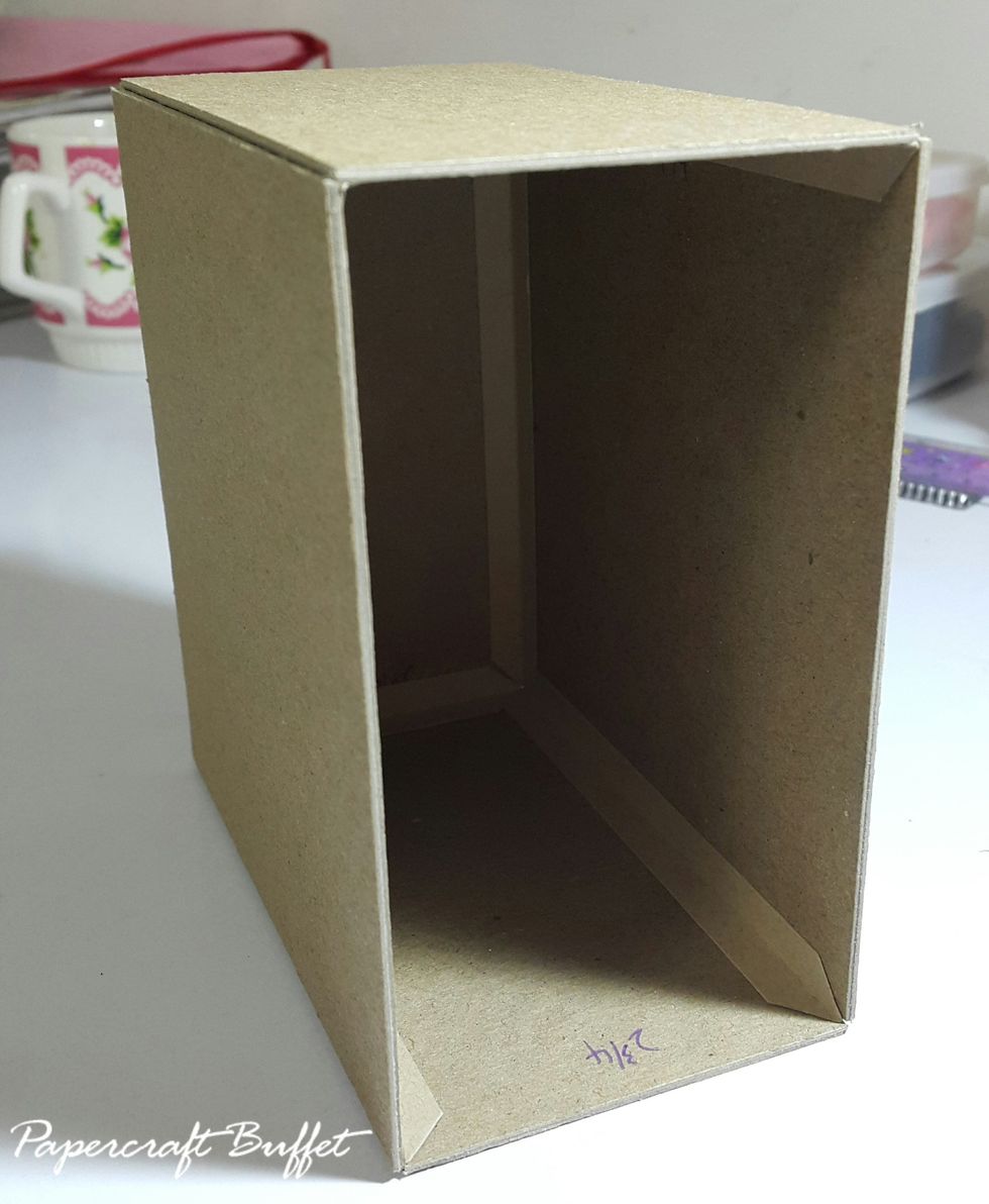 Cut chipboard 2pcs 5"(H)x4-3/4"(D), 2pcs 2-3/4"(W)x4-3/4" and 1pc 2-3/4"x5", use connecting strips to form the shape.