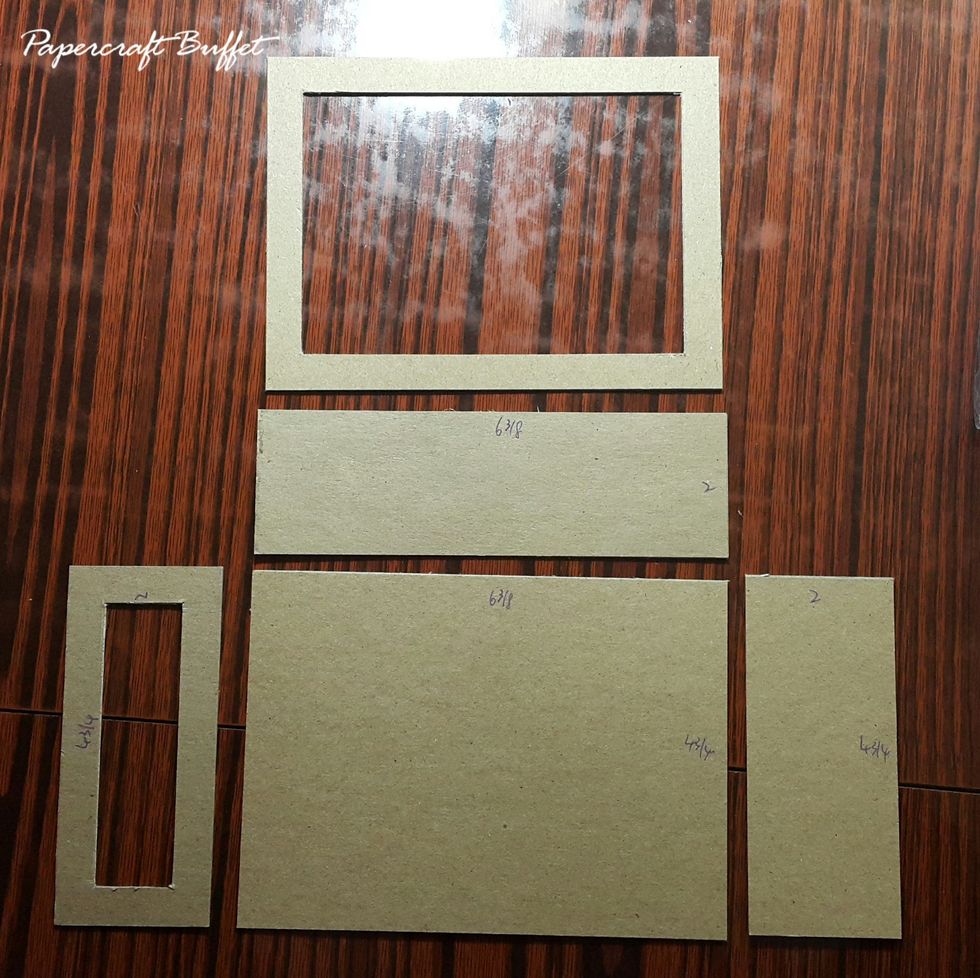 Cut chipboard 2pcs 6-3/8"(W)x4-3/4"(D), 2pcs 2"(H)x4-3/4" and 1pc of 6-3/8"x2", cut holes from 1/2" for the top and one of the side pieces, use connecting strips to form into shape.