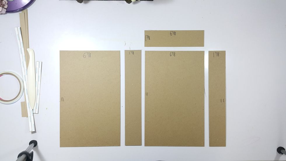 Cut chipboard 2pcs 6-7/8"x11", 2pcs 1-7/8"x11 and 1pc 1-7/8"x6-7/8"