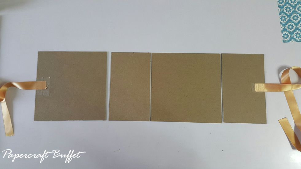 Cut chipboard 2pcs of 6"x6" and 2pcs 3-1/2"x6", adhere ribbons on two ends.