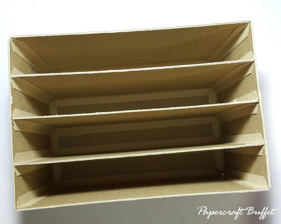 Cut chipboard 5pcs 7-1/4"(W)x4-3/4"(D), 1pc 7-1/4"x5"(H), 2pcs 5"x4-3/4", use connecting strips to form the shape for inserting drawers, use drawers to help position the dividers.