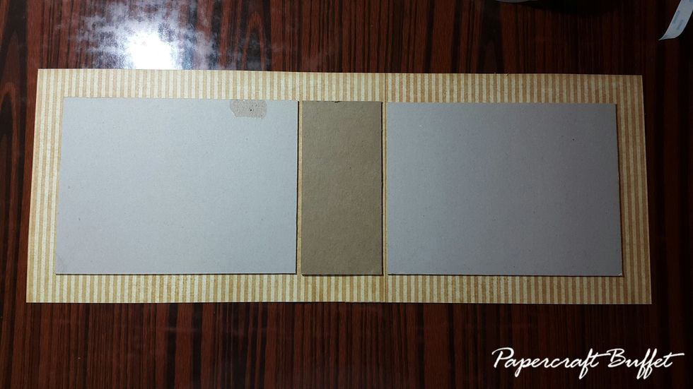 Cut chipboard 6" high, 2pcs 8" width and 1pc 2-3/4" width, cover the front with papers, remember to leave a gap for the fold.