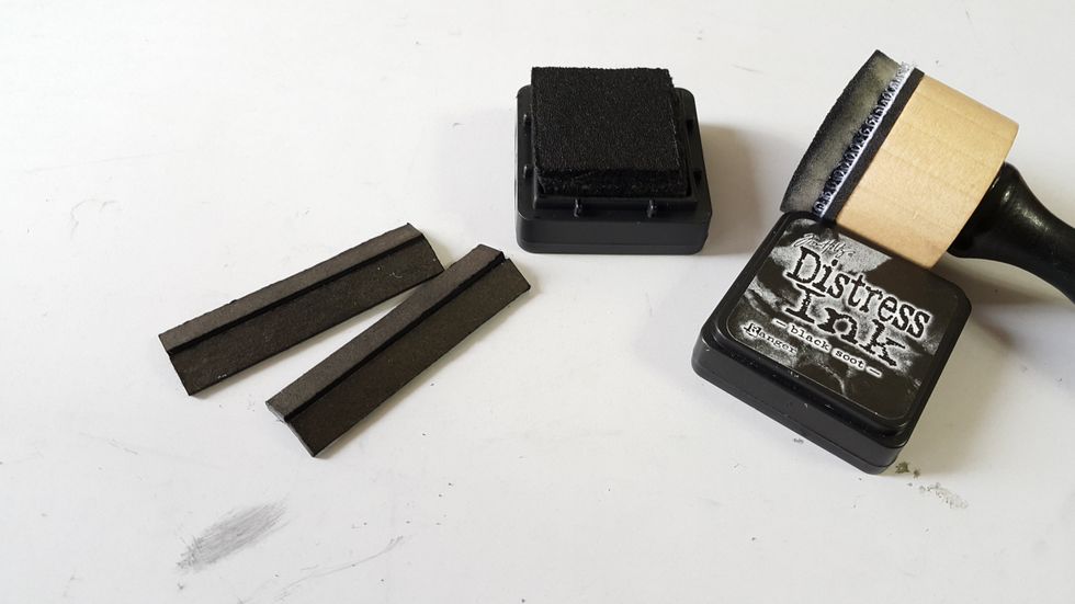 Cut chipboard with half inch, fold into half, simply color with Black Soot Distress Ink