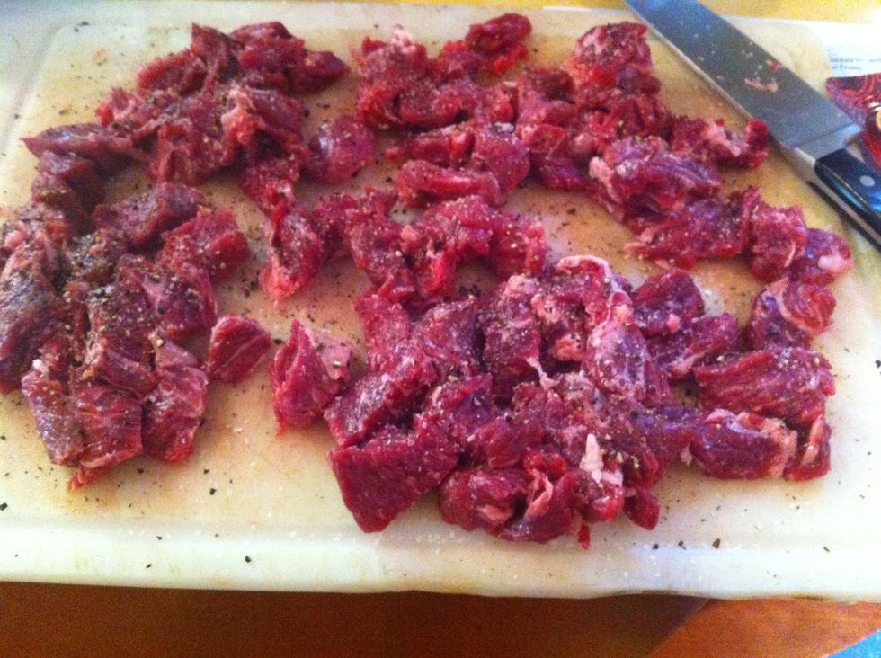 Cut chuck roast into roughly 1" cuts and season with kosher salt and fresh crack pepper