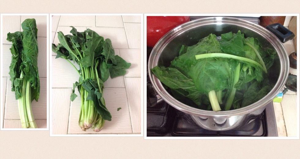 Cut coarse stems off of swiss chard and spinach, wash well. Place washed leaves in a large pot and steam (with the water on the leaves after washing them it is usually enough). Allow to cool.