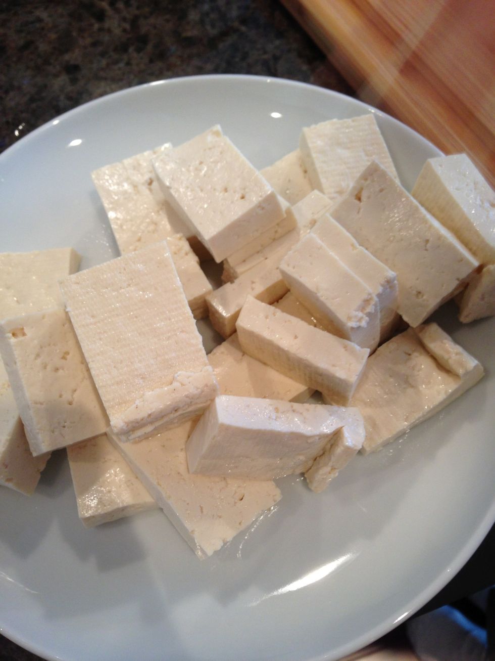 Cut drained tofu into pieces. Approximately 1.5" x 1/4"