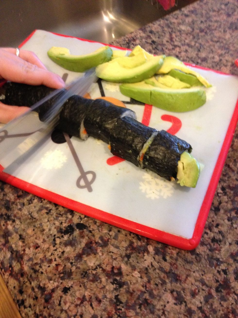 Cut each half into three pieces, making six pieces in all.