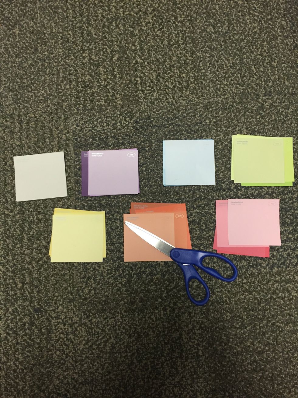 Cut each paint sample color into a 3 1/4 inch square. This size can be adjusted depending on the size of the frame. Save some scraps for step 3.