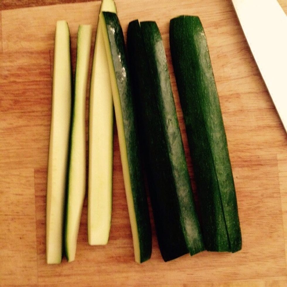 Cut each quarter in half again. You should have now 8 piecer per courgettes, lengthwise, without the central soft part
