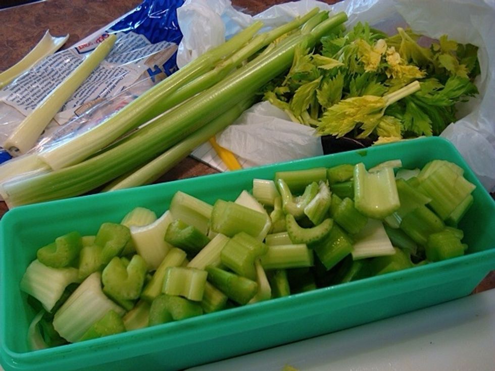 Cut entire bunch celery (except leaves) & large onion into chunks. You'll finely chop in either blender (using water and pulse setting) or food processor.