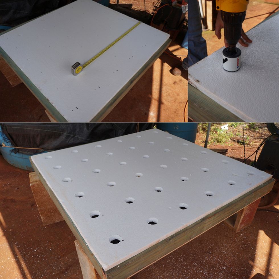 Cut expanded polystyrene foam board to fit 4x4 foot frame. Using a 2inch hole saw drill holes 8 inches apart starting 4 inches from any corner.