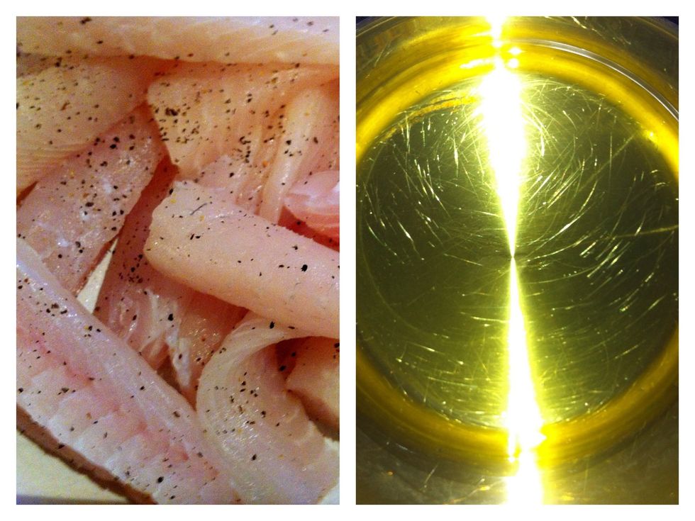 Cut fish into short strips, 1-2 inch thickness, add salt & pepper set aside. Heat oil for frying.