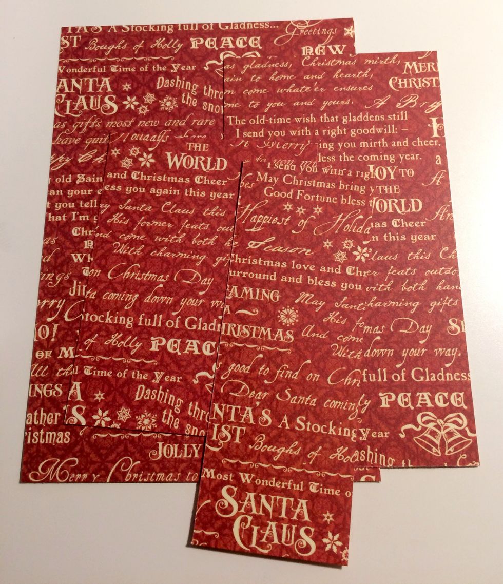 Cut four pieces from the Kris Kringle paper that measure: 4 1/4" x 6 1/4", 3" x 5 1/2" , 1 3/4" x 4 3/4" & 2 7/8" x 3 7/8".