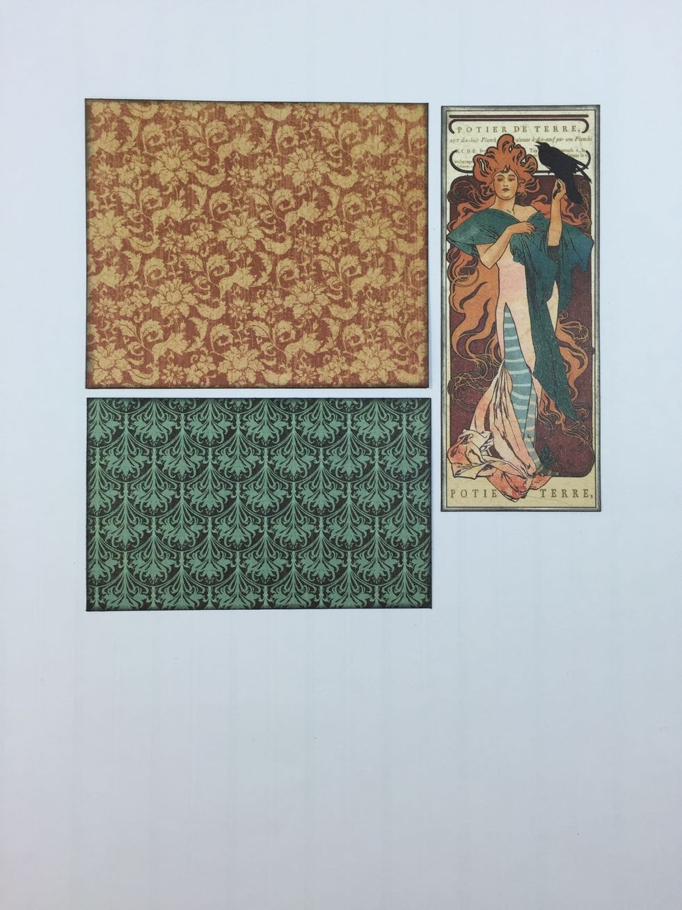 Cut gold pattern paper 4 1/2" x 3 3/4", green pattern paper 4 1/3" x 2 3/4" and cut apart the girl with the raven. Ink-distress edges of each with black ink.