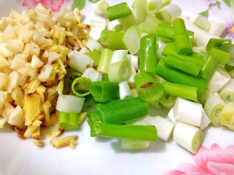 Cut green onion , ground garlic and ginger