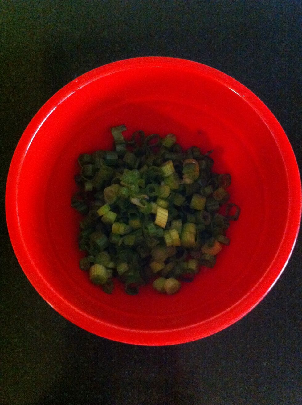 Cut green onions into small circles about 1/8 or 1/4 inch thick