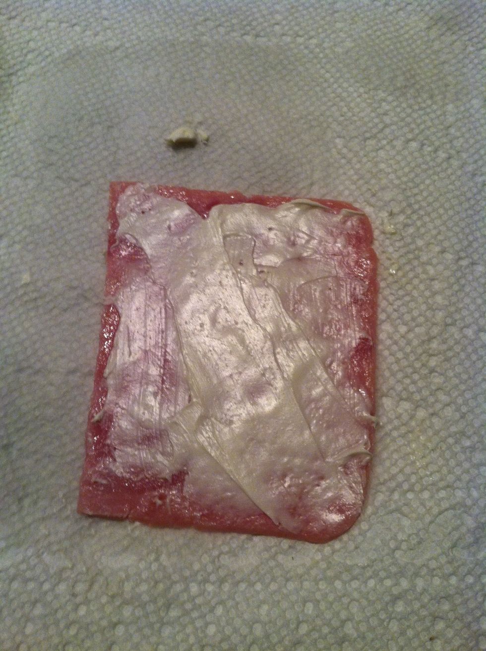 Cut ham in half. Spread cream cheese. You only need 1 layer of cream cheese & ham for okra. Otherwise it will be to thick.