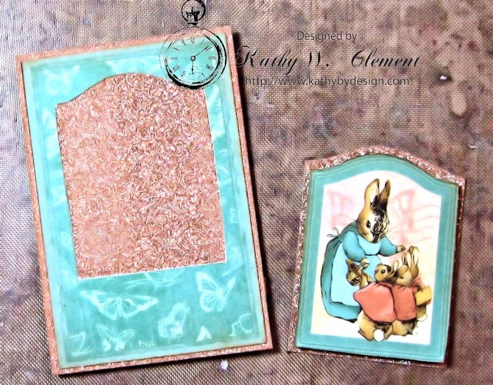 Cut images from Once Upon Springtime Frames. Use a craft knife to cut out the center image. Mat on Glitter cardstock. (If you use your craft knife on a glass surface, it will cut like buttah!)