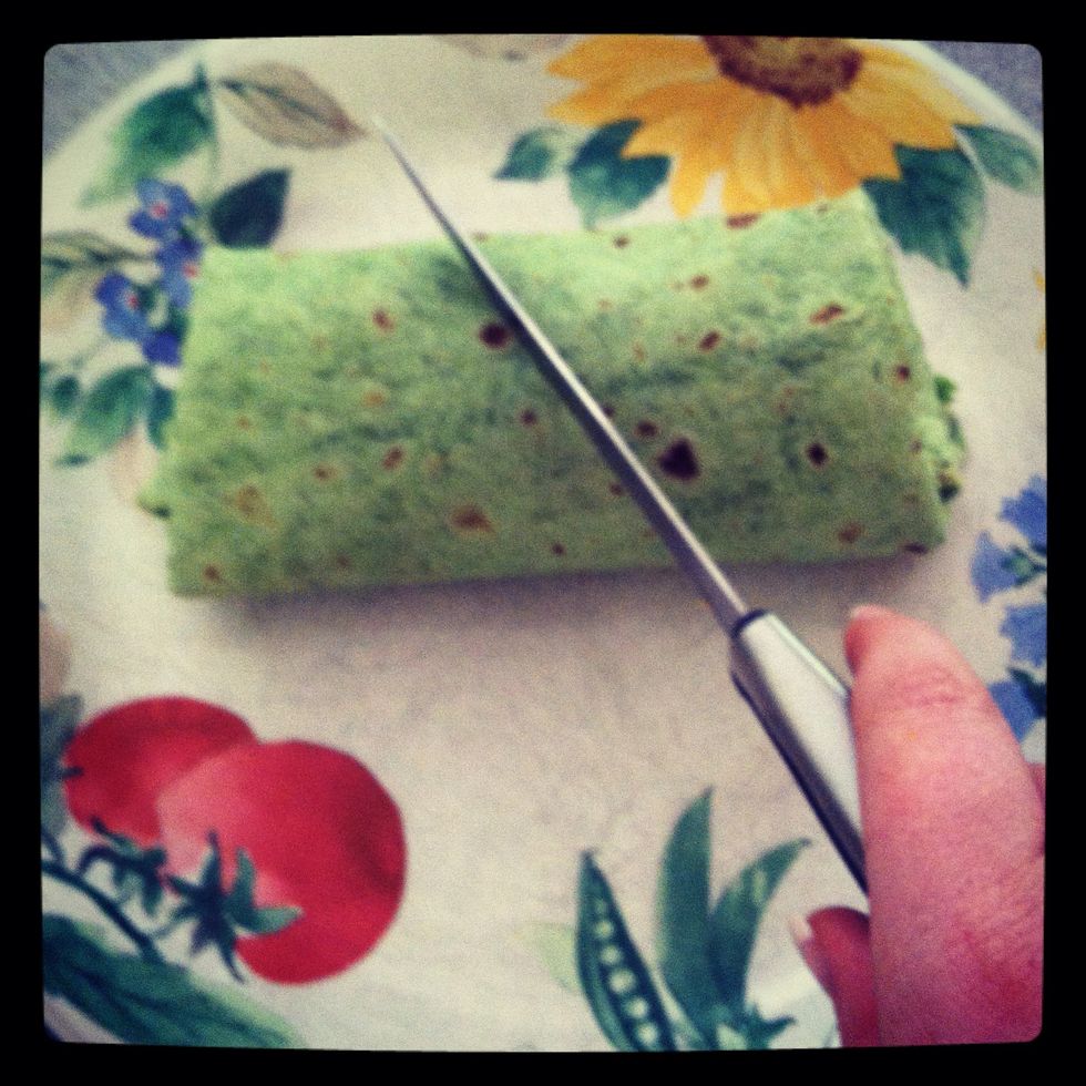 Cut in half at an angle