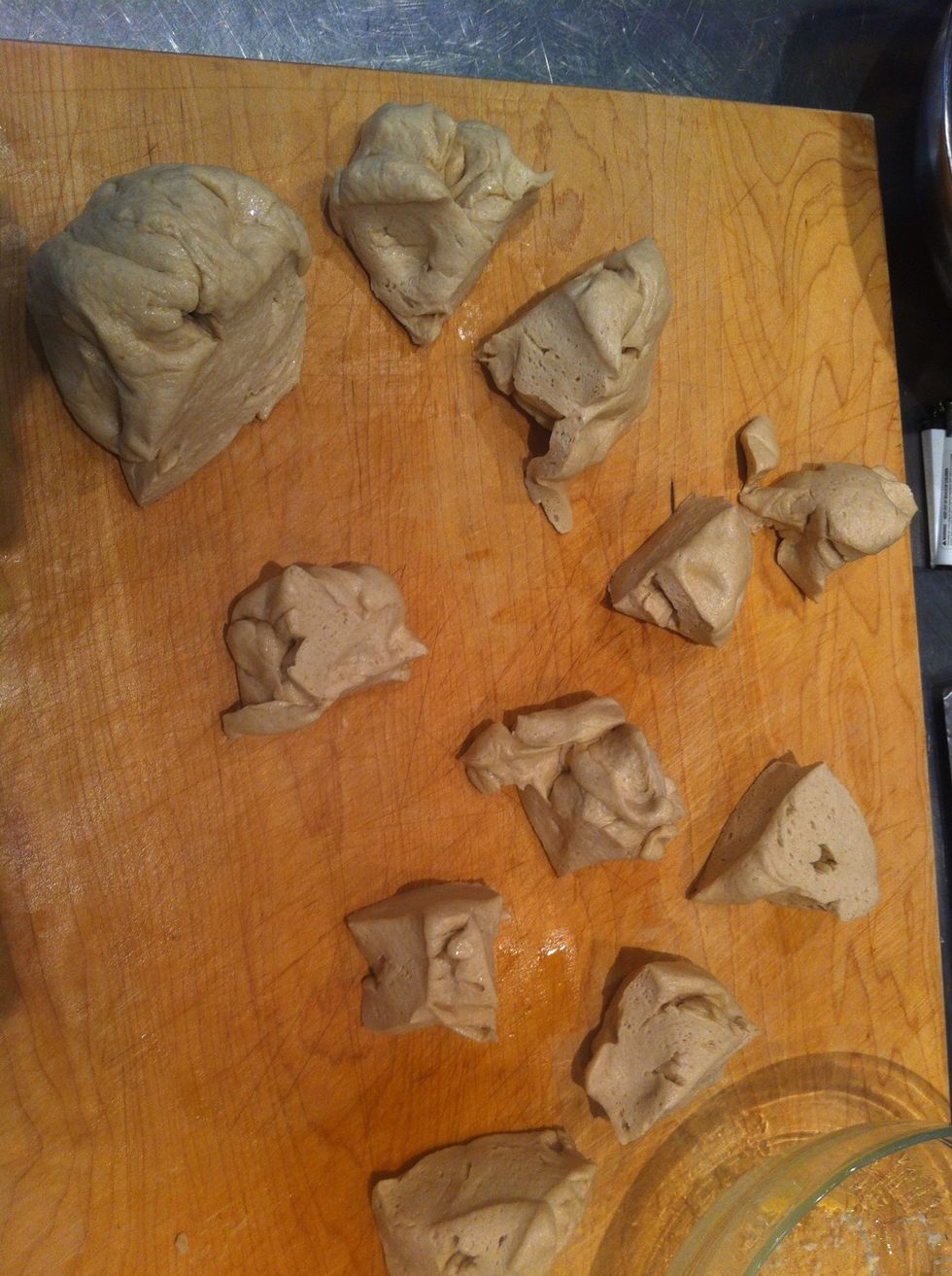 Cut in to 4 large pieces. Cut each piece in 3.