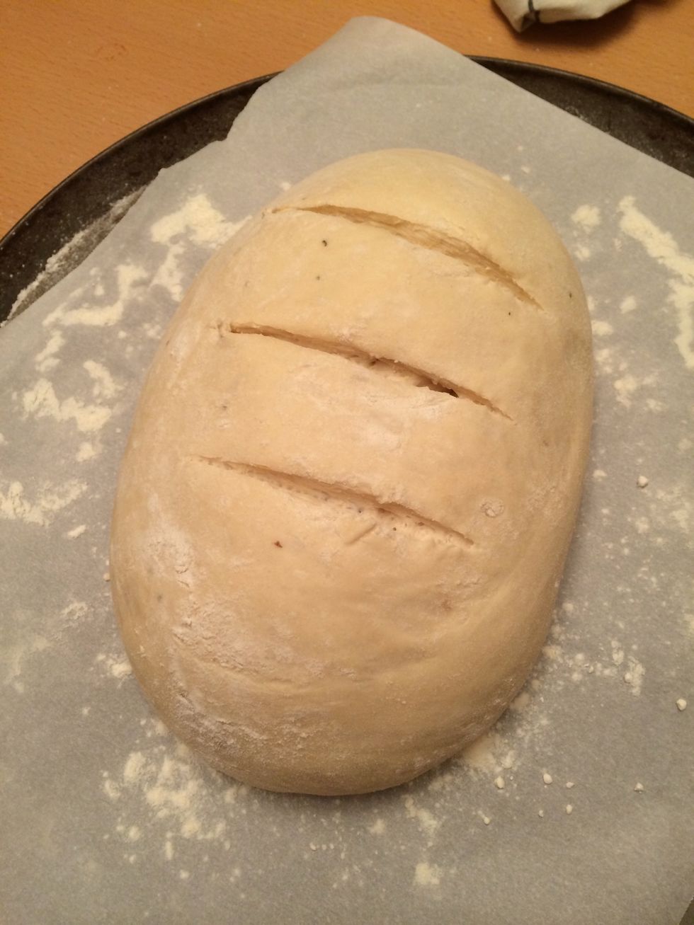 Cut into bread. I usually do 3 lines sometimes filling with brown sugar (it caramelizes in the oven)