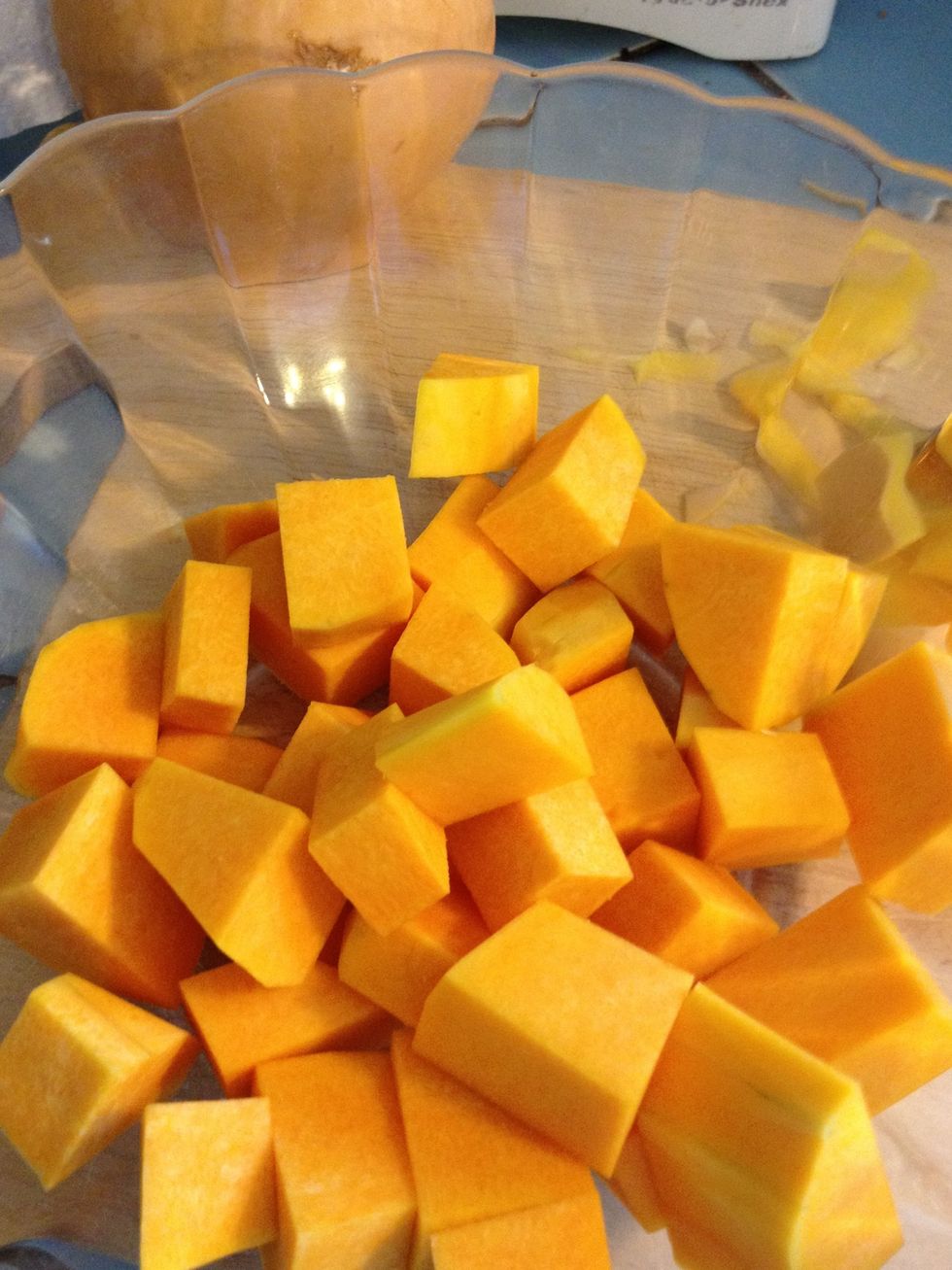 Cut into cubes and put into a bowl.
