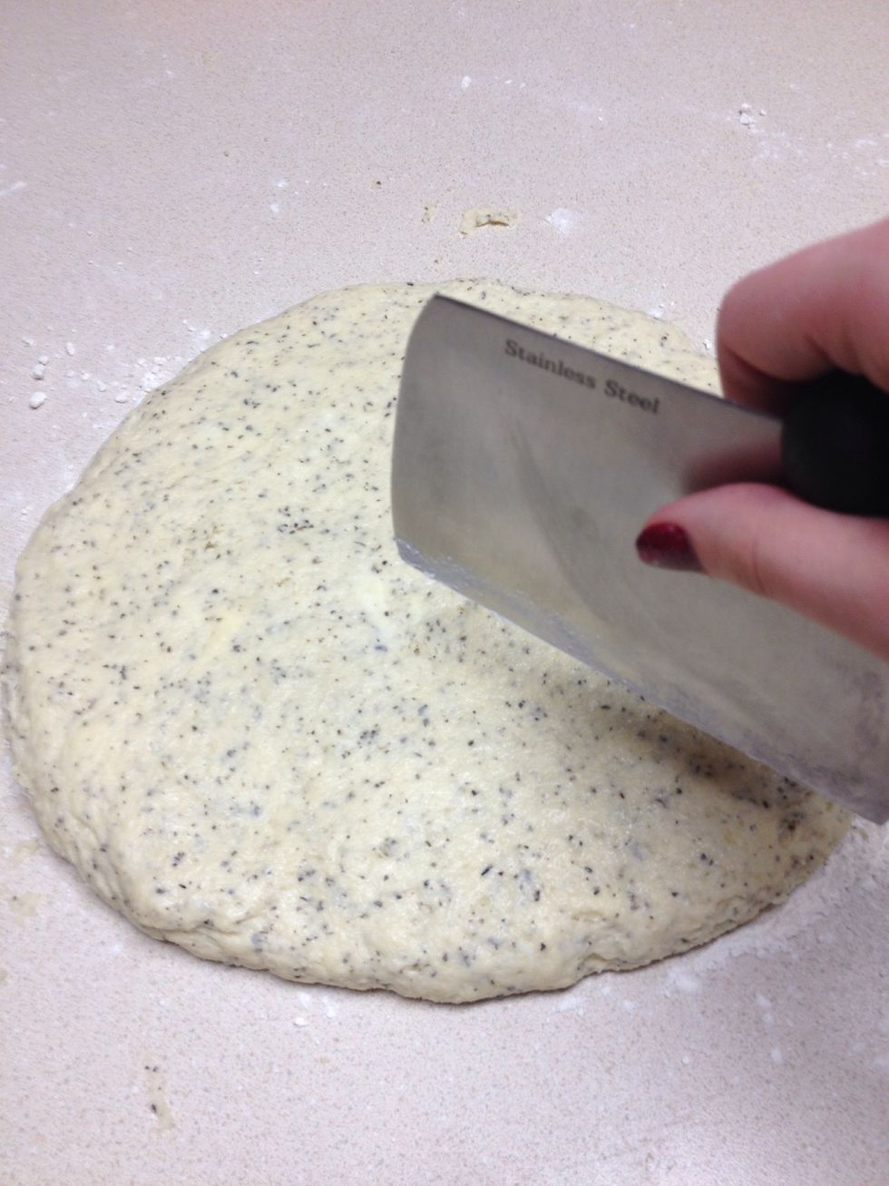 Cut into eight triangle pieces, like a pizza