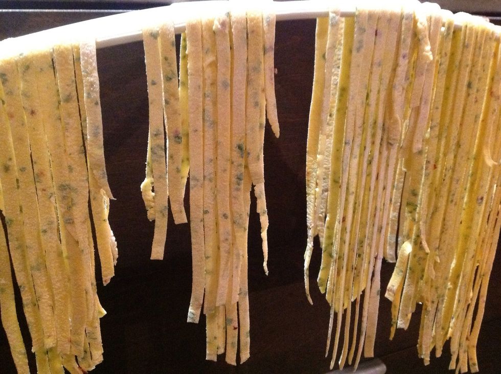 Cut into fettuccine and hung out to dry.