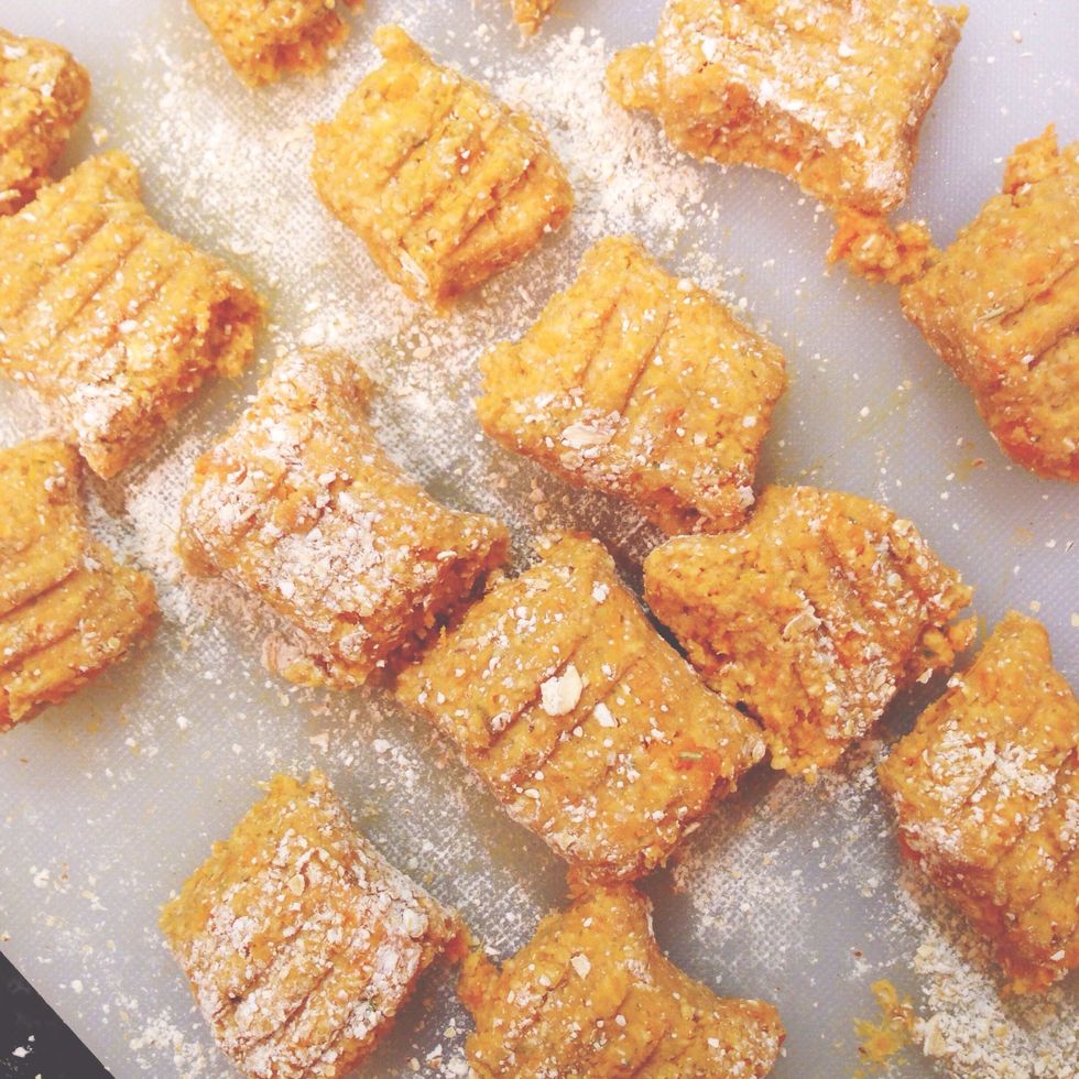 Cut into pieces and use a fork to shape gnocchi gently.